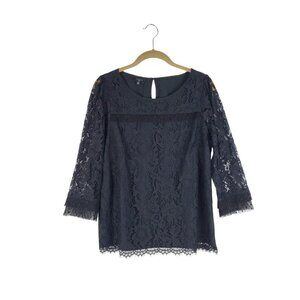Talbots Black Lace Top 3/4 Sheer Sleeve Romantic Gothic Petite Size MP